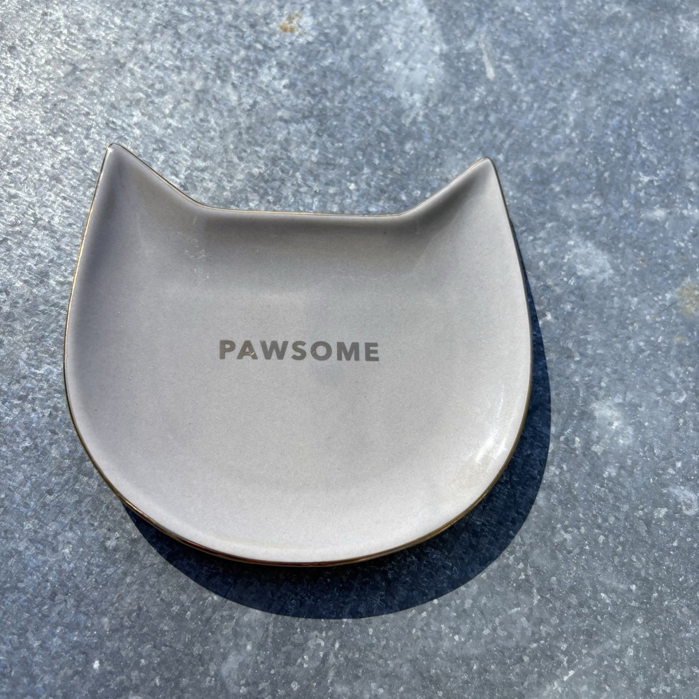 Pinky Up "Pawsome" Tray Ceramic Porcelain Cat Shaped Trinket Dish Small Plate